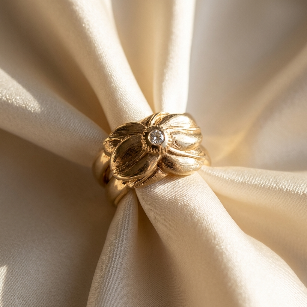 Yellow gold diamond flower ring - angled view