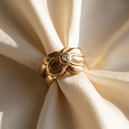 Yellow gold diamond flower ring - angled view