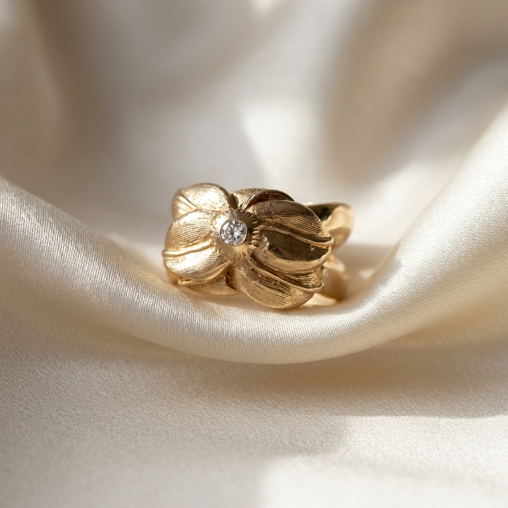 Yellow gold diamond flower ring - detail view