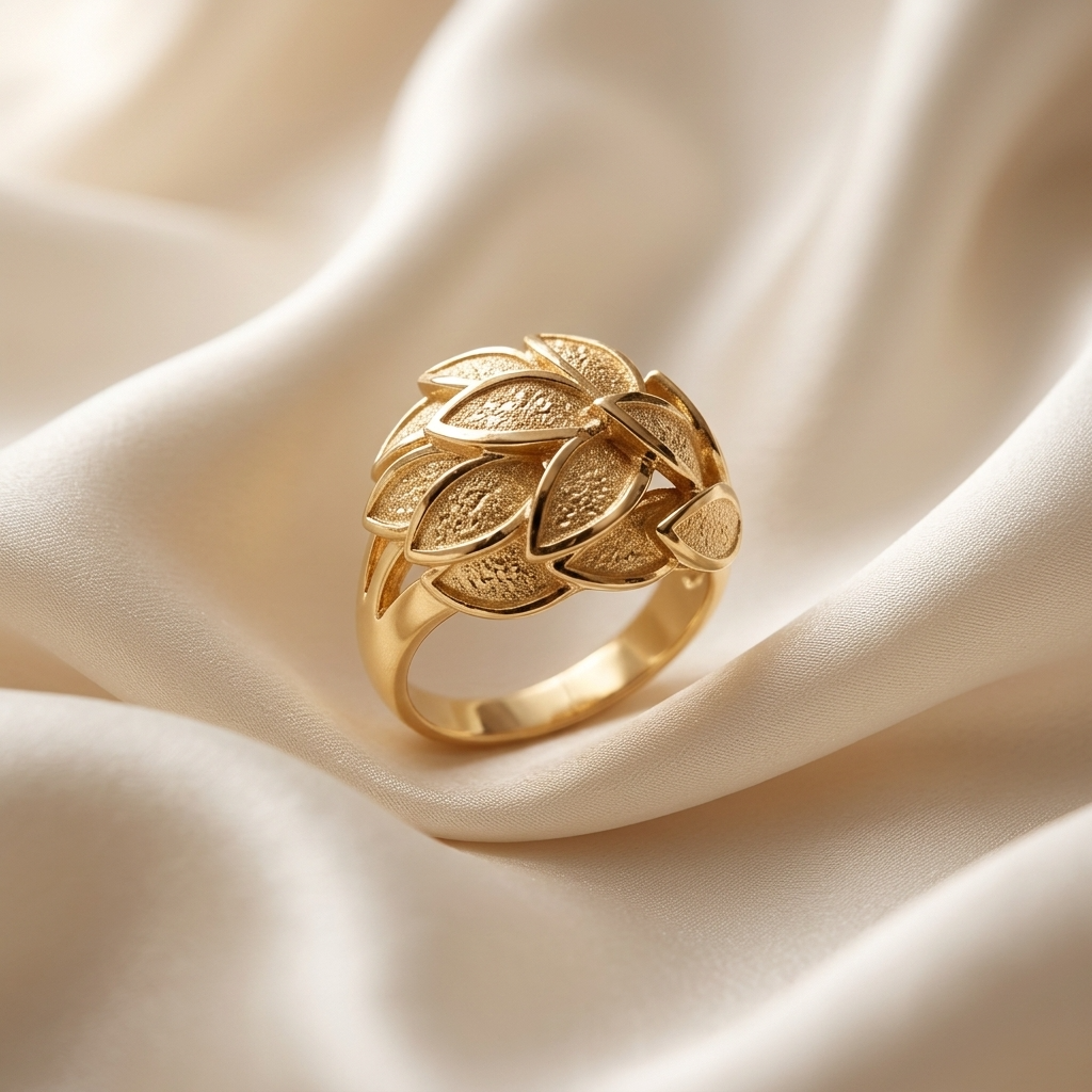 Gold leaf dress ring - angled view