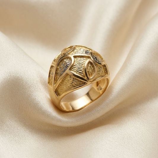 Yellow gold patterned dome ring - side view