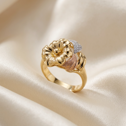 Three tone gold flower dress ring