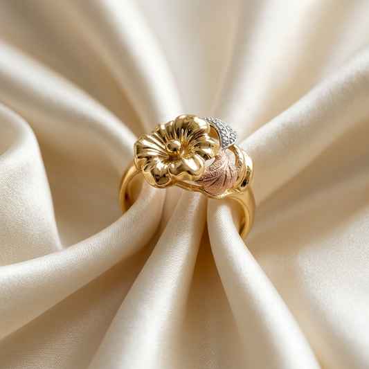 Three tone gold flower dress ring - side view