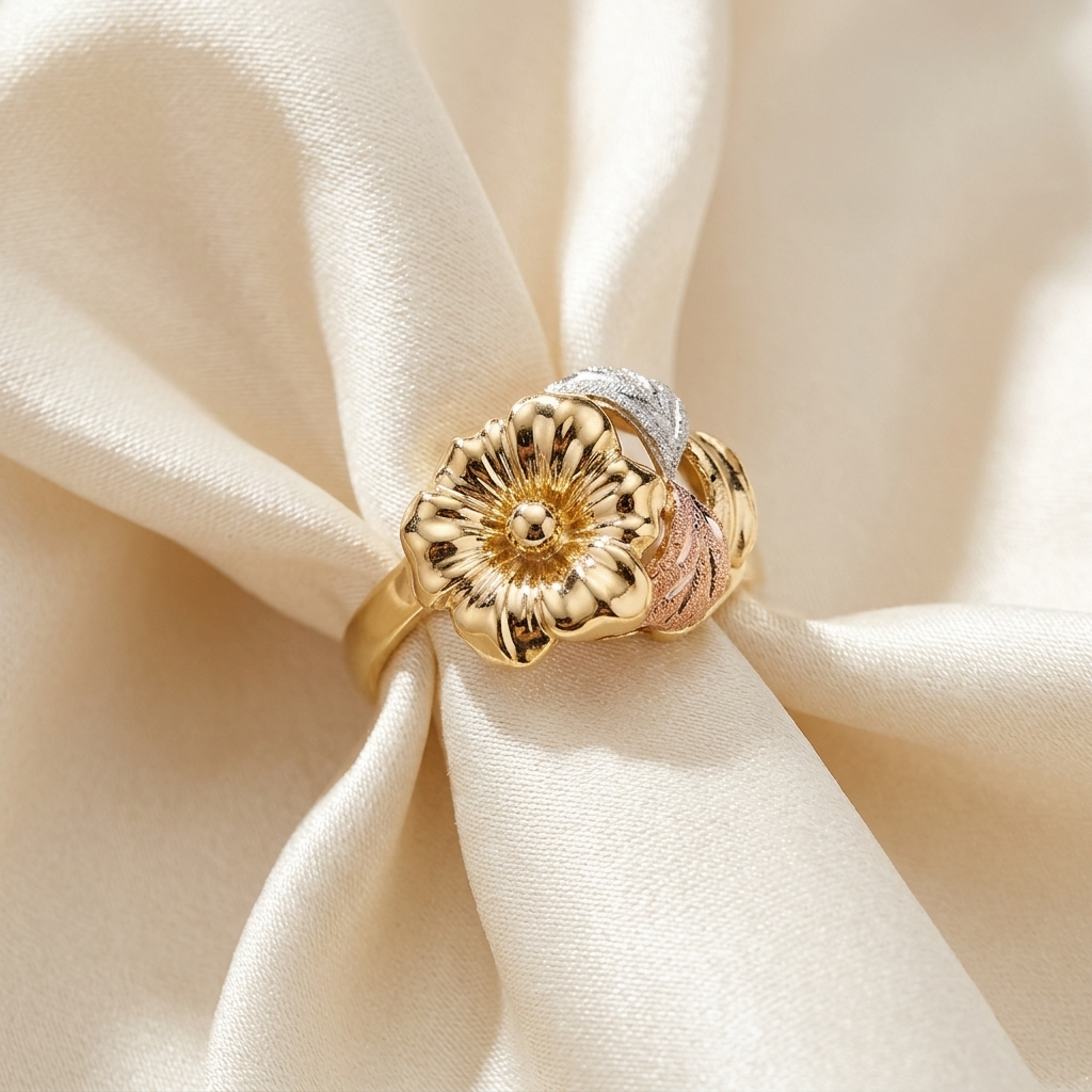 Three tone gold flower dress ring - angled view