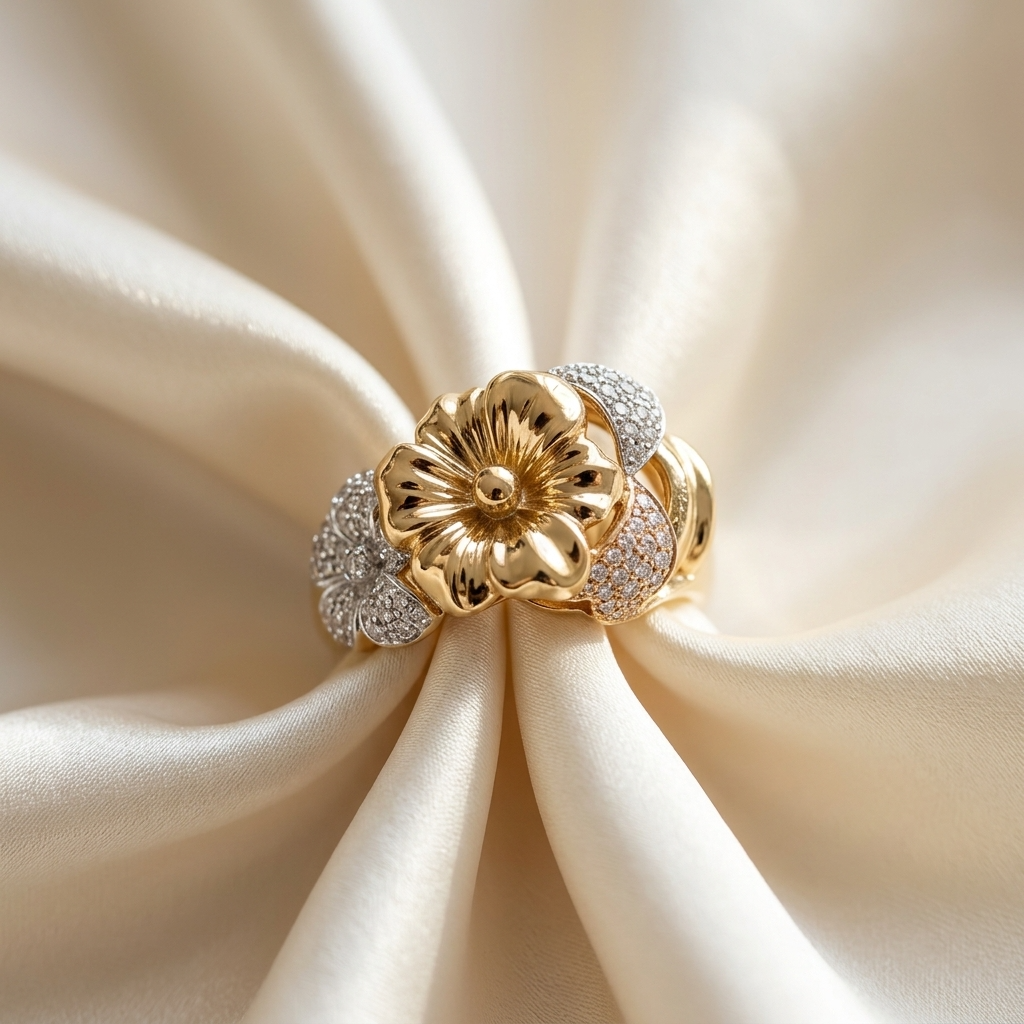 Three tone gold flower dress ring - detail view