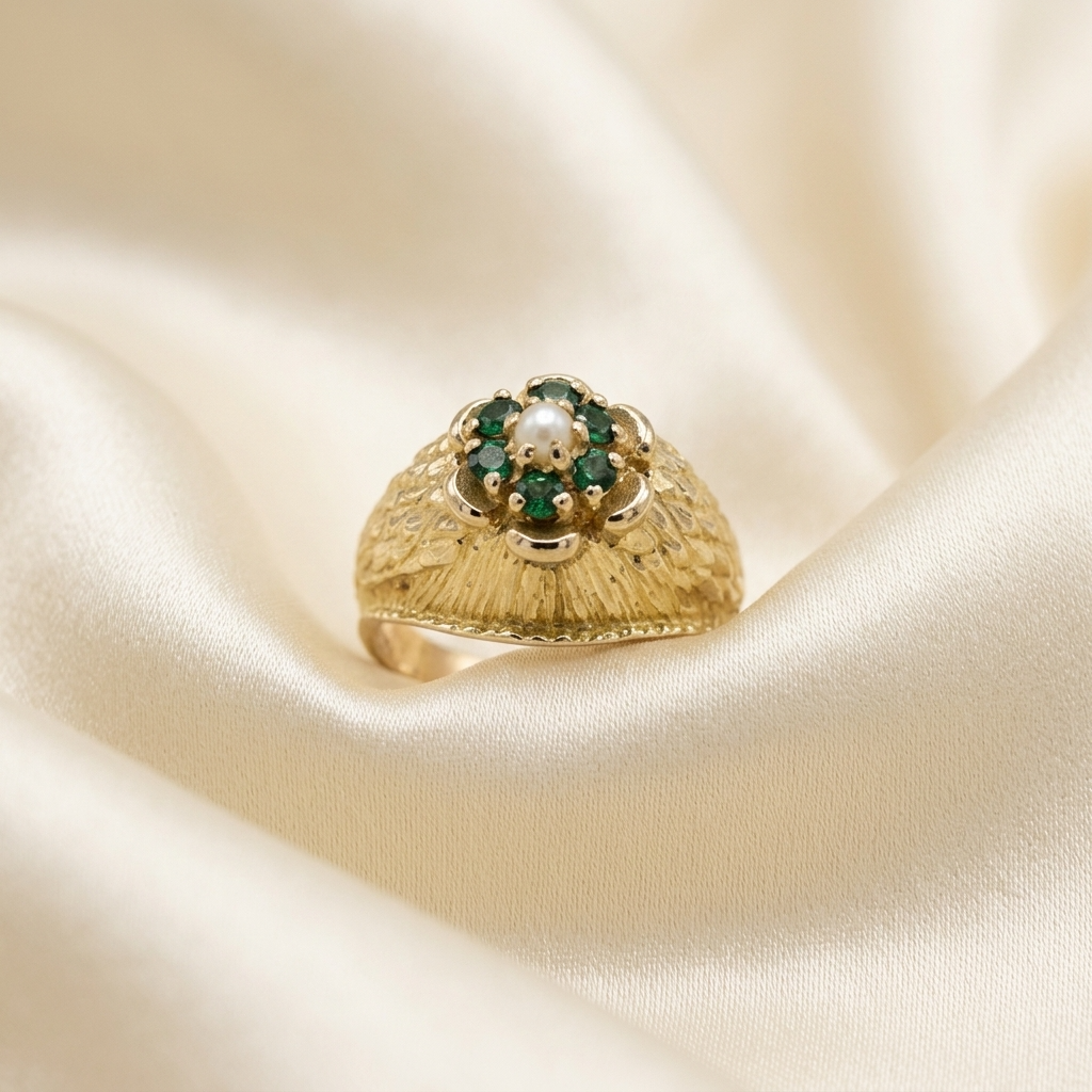 Gold dress ring with emeralds and pearl