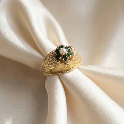 Gold dress ring with emeralds and pearl - side view