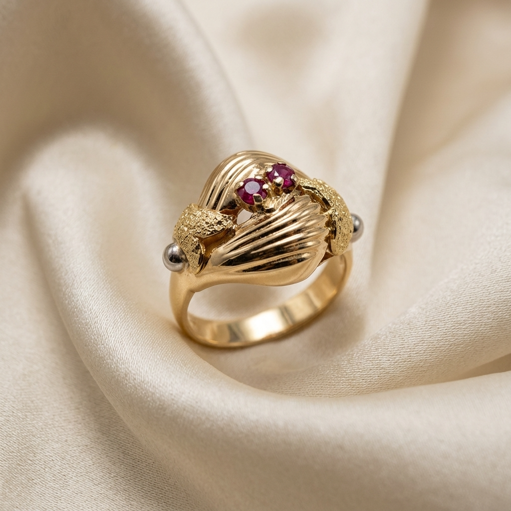 Fancy gold dress ring with rubies - side view