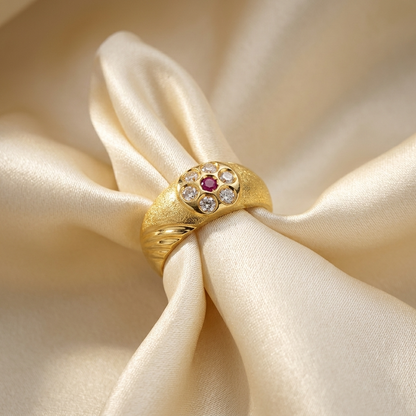 Gold dress ring with diamonds and ruby