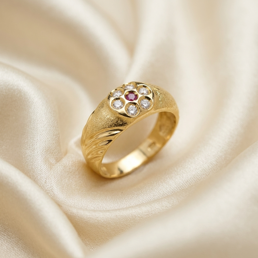 Gold dress ring with diamonds and ruby - side view