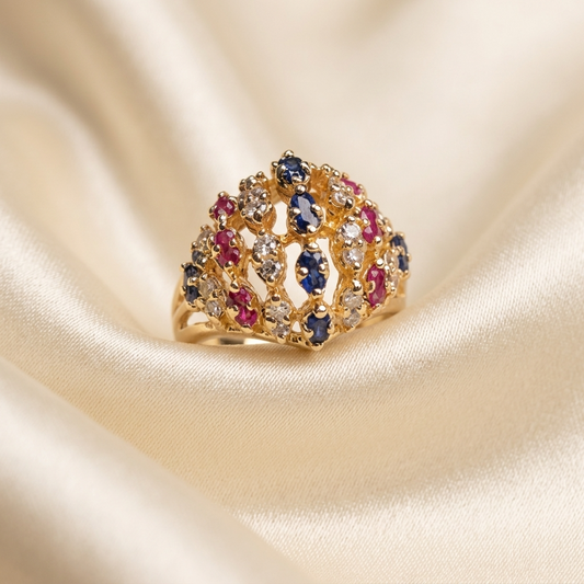 Gold domed basket dress ring - detail view