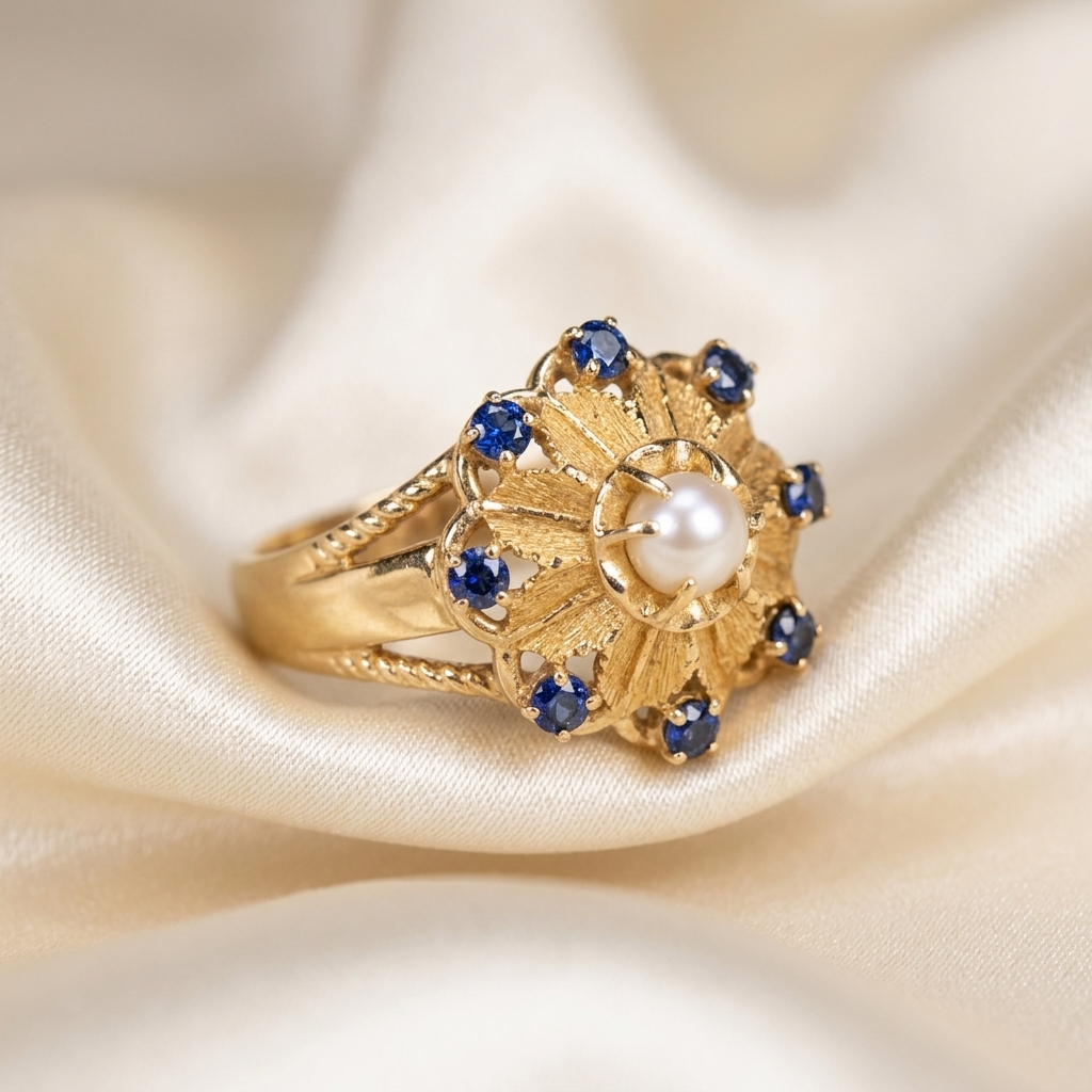 Gold dress ring with sapphires and pearl - side view