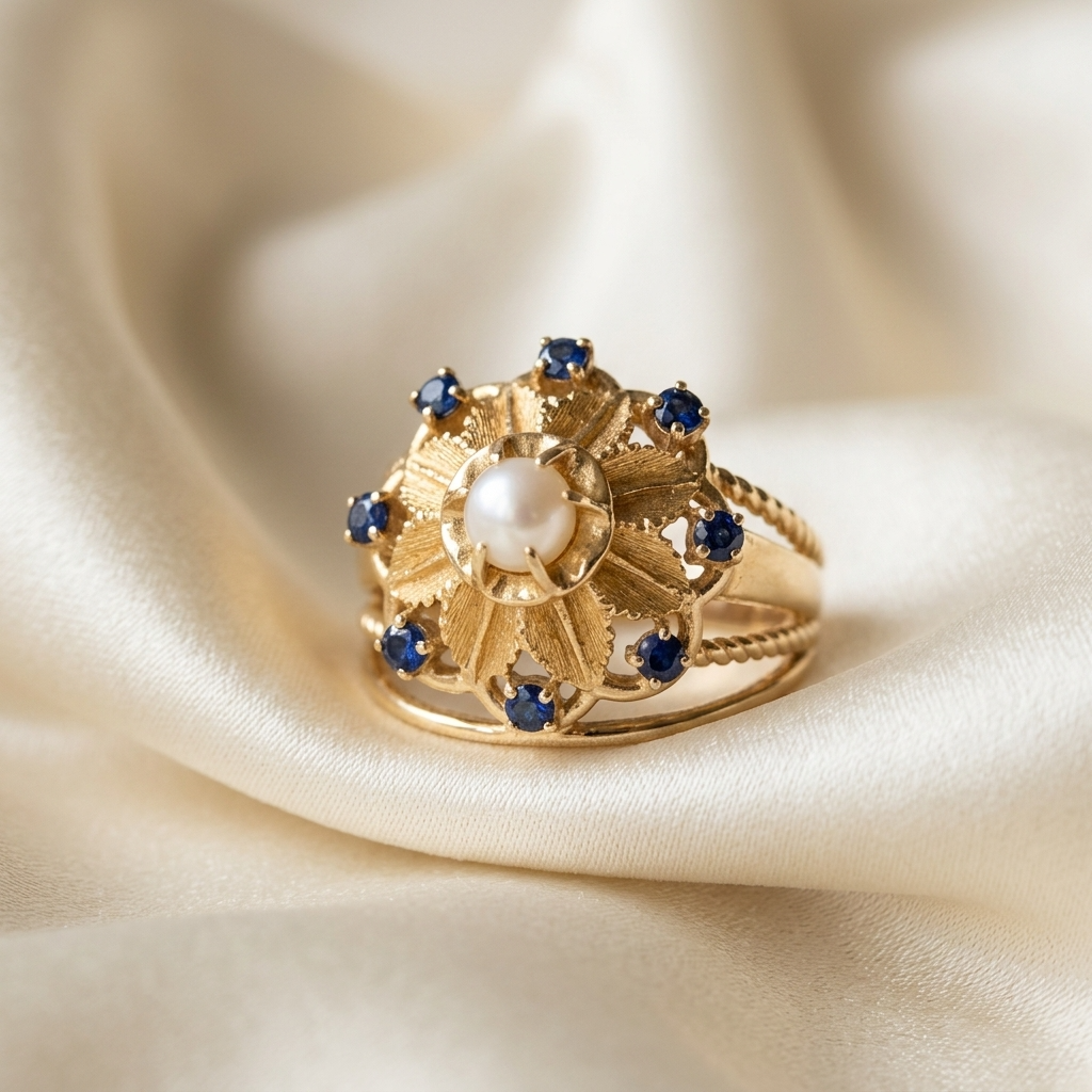 Gold dress ring with sapphires and pearl - angled view