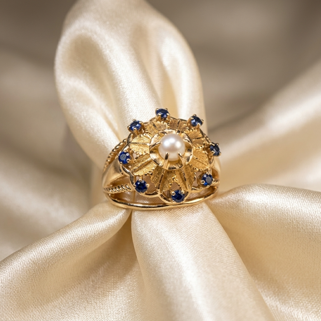 Gold dress ring with sapphires and pearl - detail view