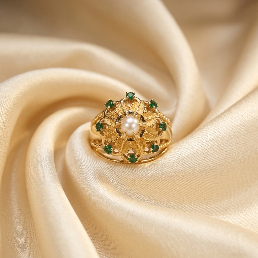 Gold dress ring with emeralds and pearl