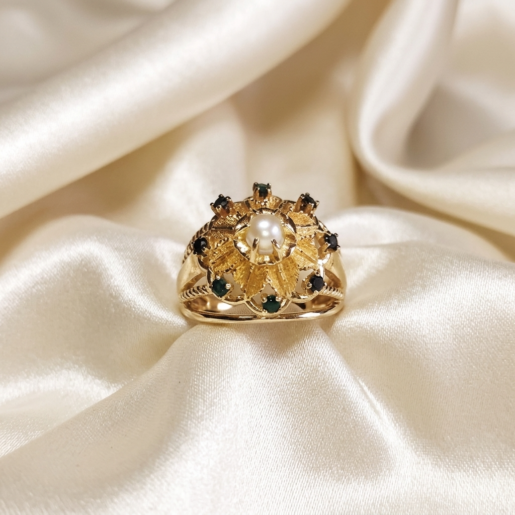 Gold dress ring with emeralds and pearl - angled view