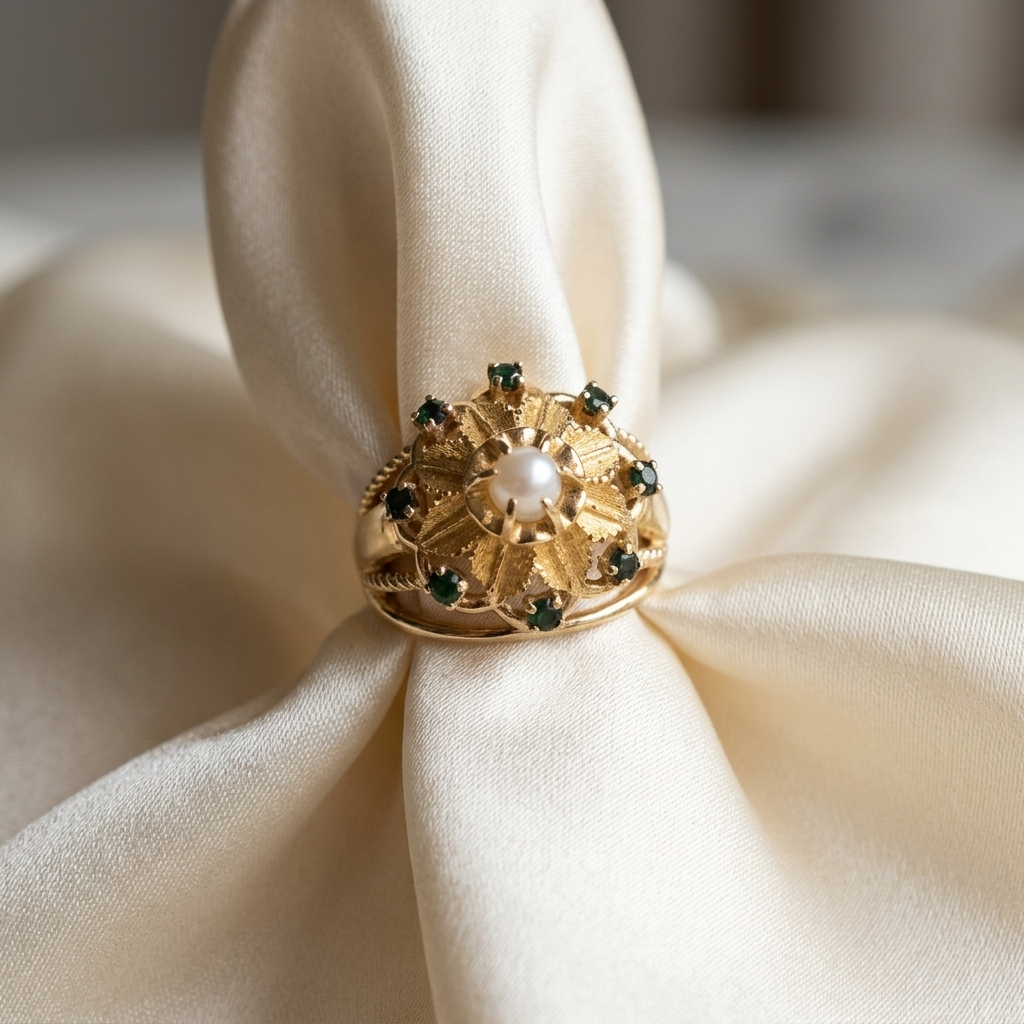 Gold dress ring with emeralds and pearl - detail view