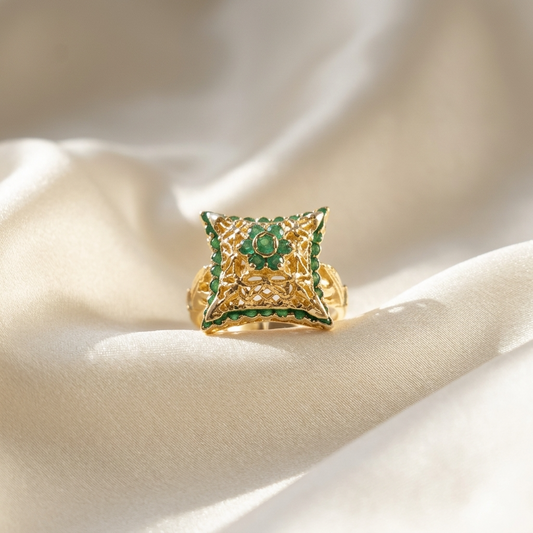 Yellow gold emerald filigree cushion ring