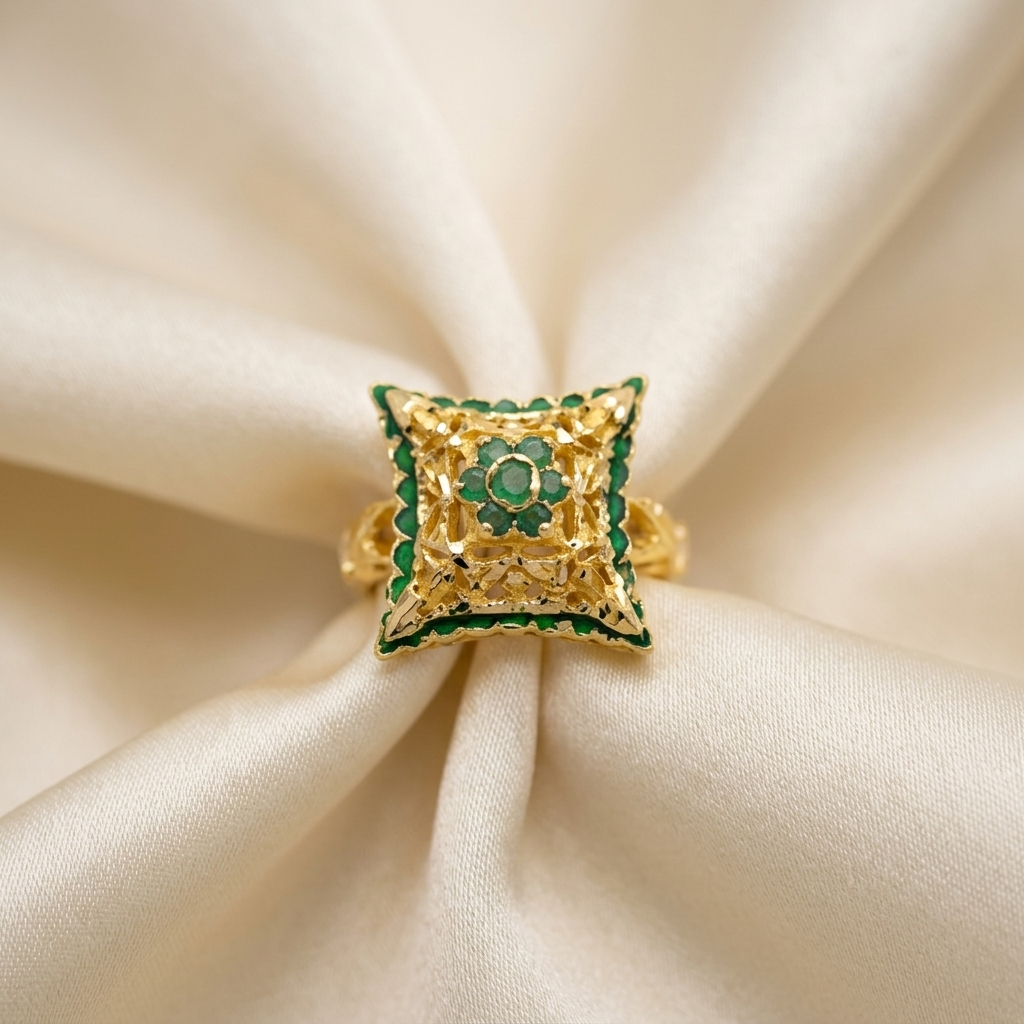 Yellow gold emerald filigree cushion ring - angled view