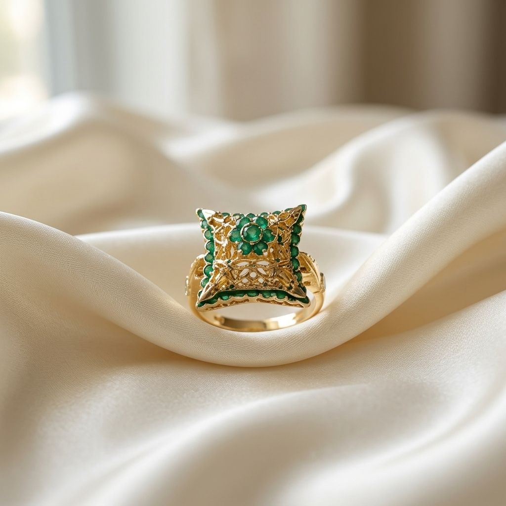 Yellow gold emerald filigree cushion ring - detail view