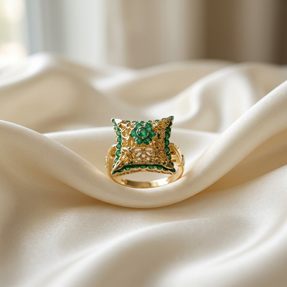 Yellow gold emerald filigree cushion ring - detail view