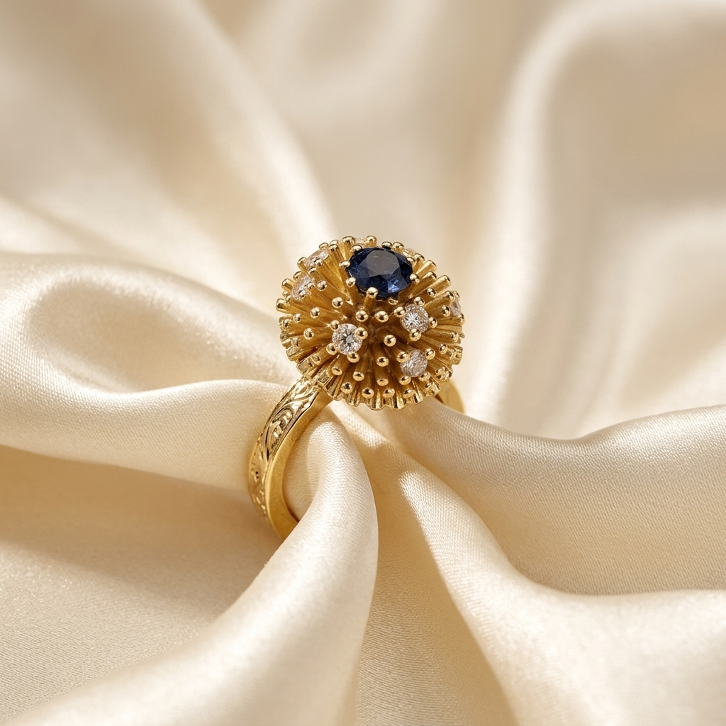 Gold solar burst dress ring - angled view