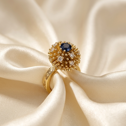 Gold solar burst dress ring - angled view
