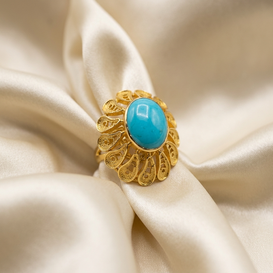 Turquoise and gold filigree dress ring