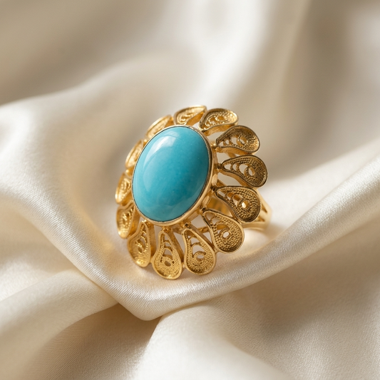 Turquoise and gold filigree dress ring - side view