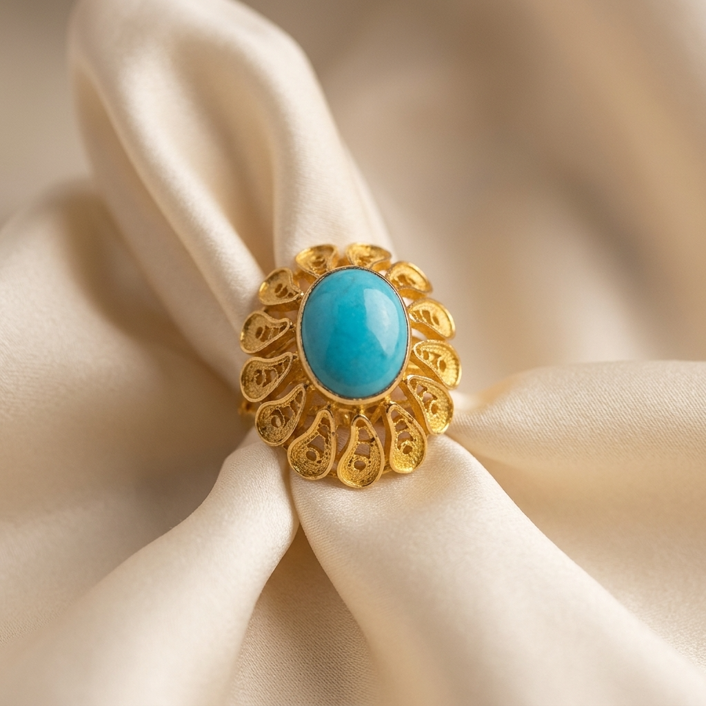 Turquoise and gold filigree dress ring - angled view