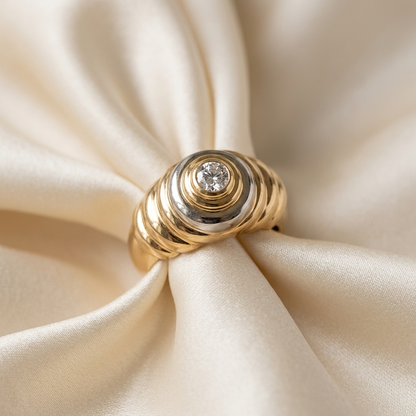 Two tone gold diamond ribbed ring