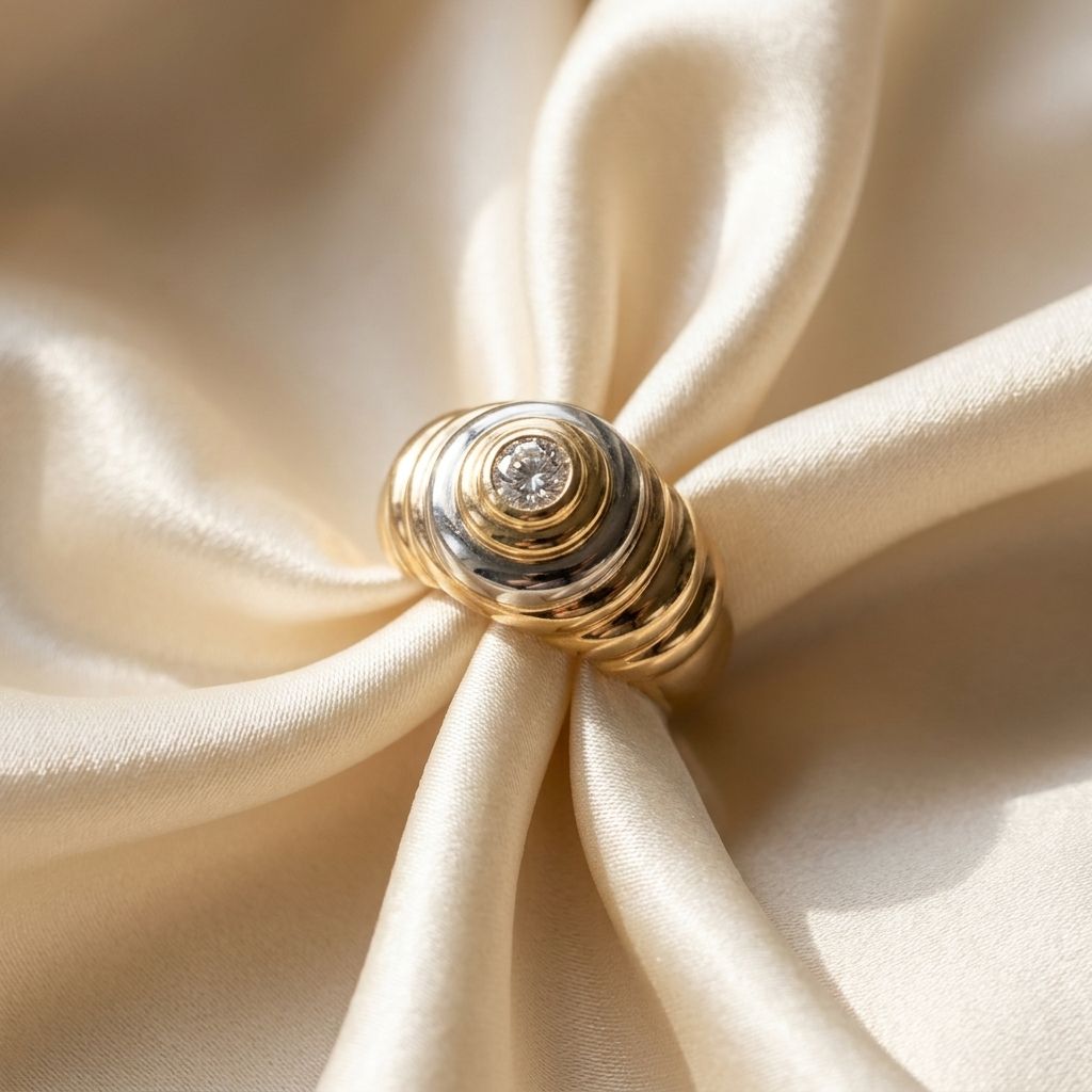 Two tone gold diamond ribbed ring - side view