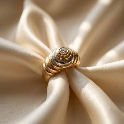Two tone gold diamond ribbed ring - angled view