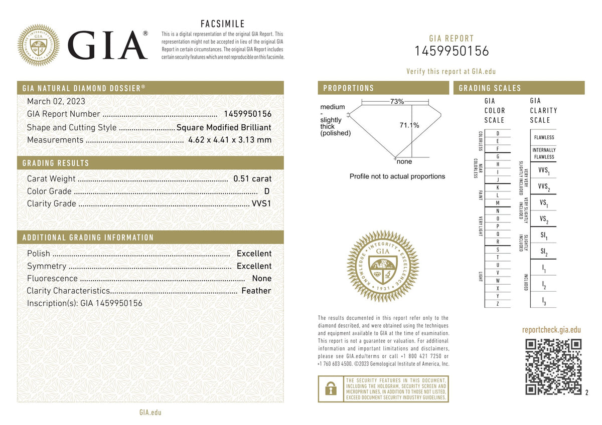 GIA Diamond Grading Report 0.51ct D VVS1 Princess Cut (Square Modified Brilliant), GIA # 1459950156