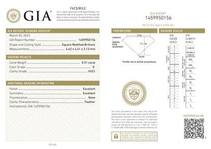 GIA Diamond Grading Report 0.51ct D VVS1 Princess Cut (Square Modified Brilliant), GIA # 1459950156