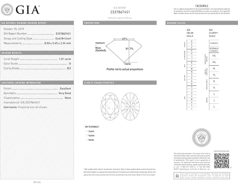 Oval Diamond 1.01ct G SI2 GIA