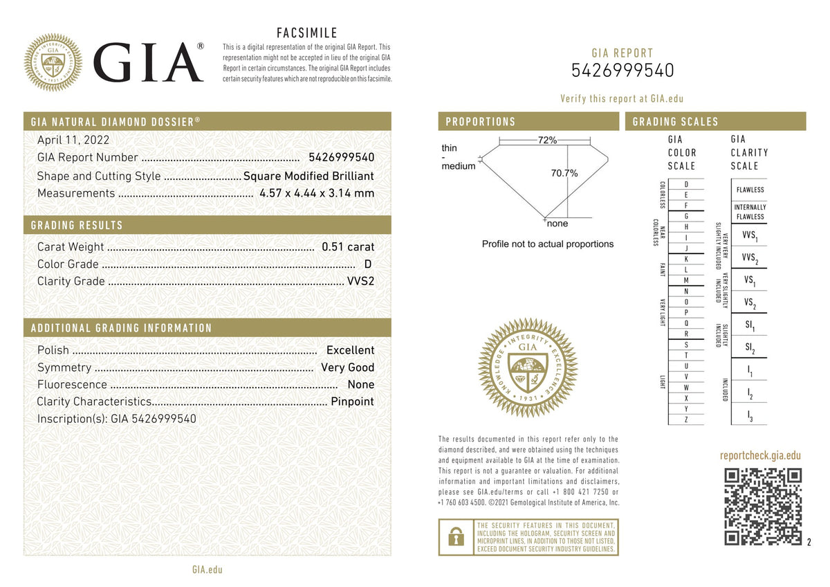 GIA Diamond Grading Report 0.51ct D VVS2 Princess Cut (Square Modified Brilliant), GIA # 5426999540
