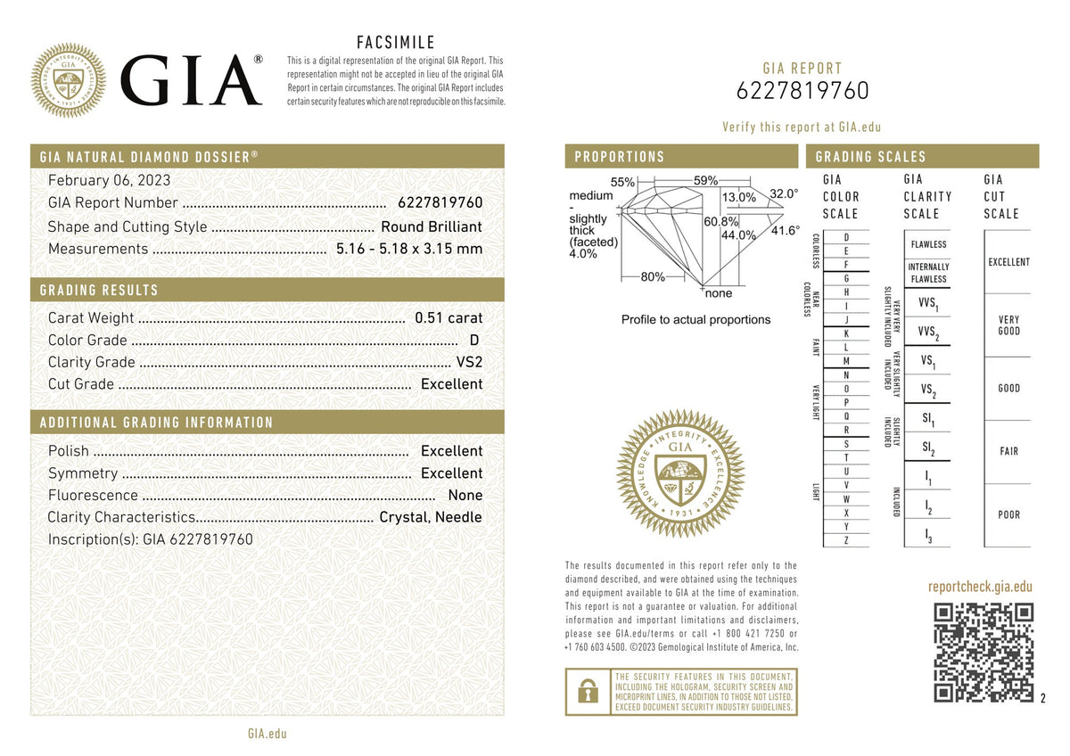 GIA Diamond Grading Report 0.51ct D VS2 Round Brilliant, GIA # 6227819760