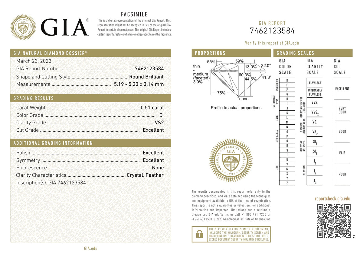 GIA Diamond Grading Report 0.51ct D VS2 Round Brilliant, GIA # 7462123584