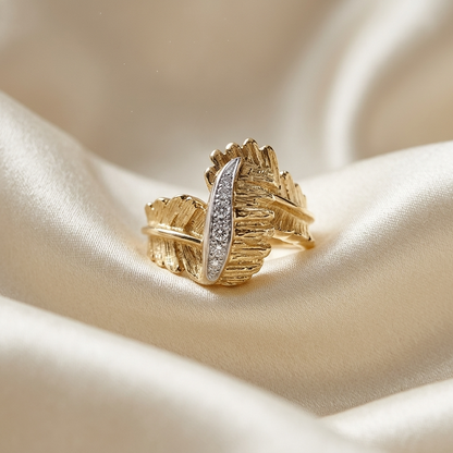 Diamond and gold acanthus leaf dress ring - close up