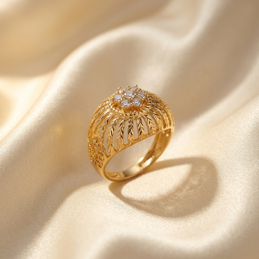 Gold and diamond domed filigree ring - angled view