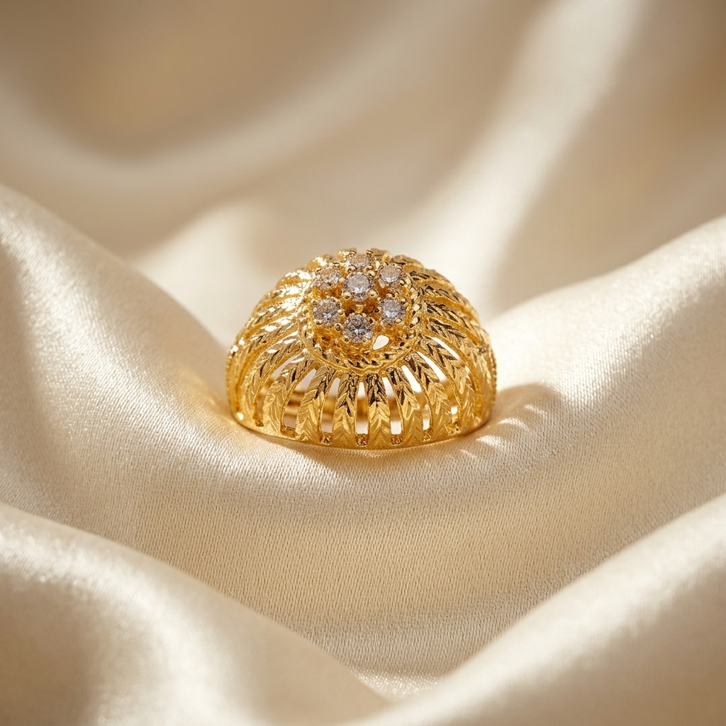 Gold and diamond domed filigree ring - detail view