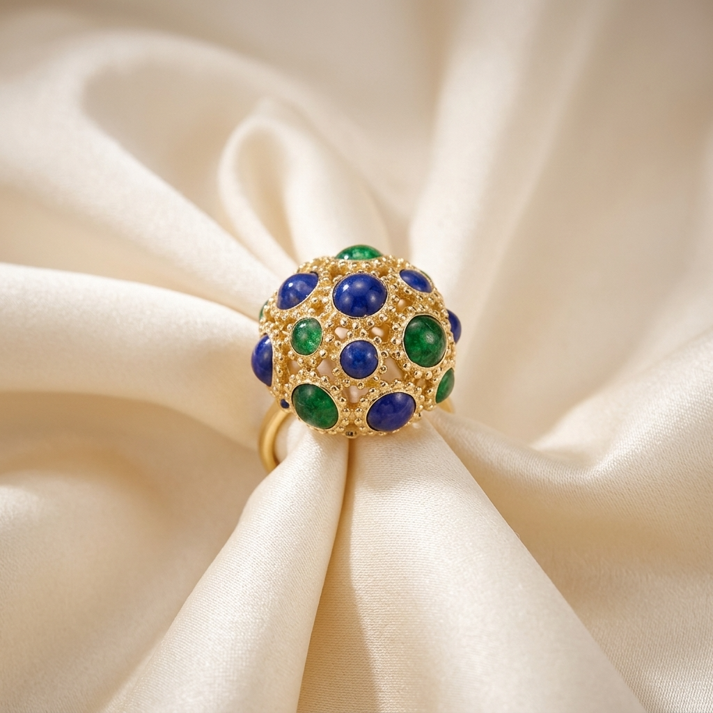 Gold enamel dome ring - detail view