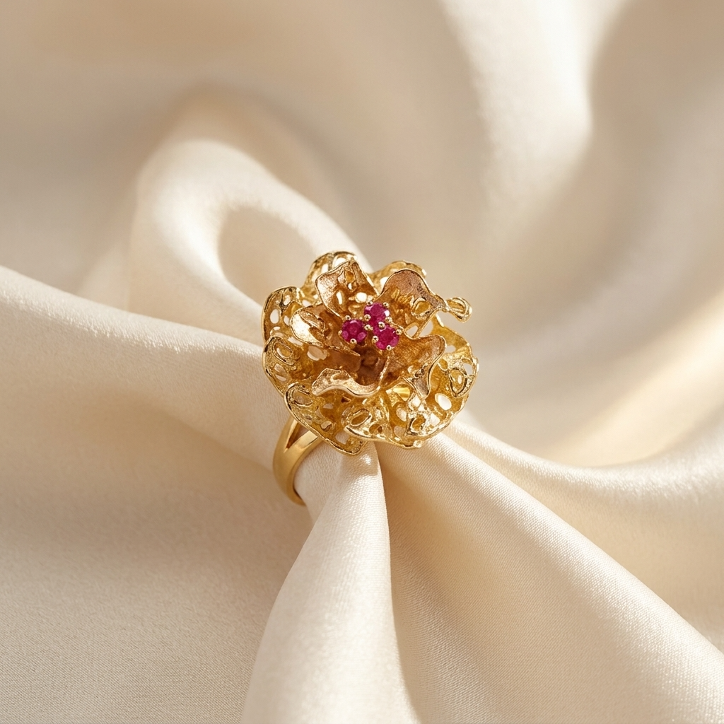 Gold flower dress ring set with rubies — handcrafted in Sydney