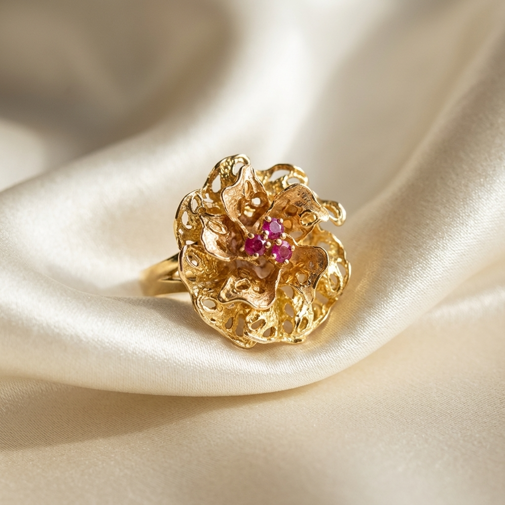 Gold flower dress ring with rubies - angled view