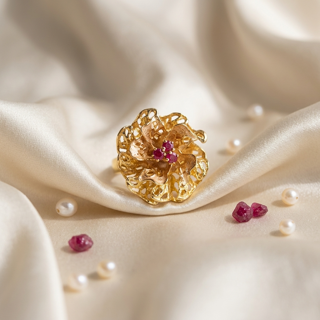 Gold flower dress ring with rubies - detail view