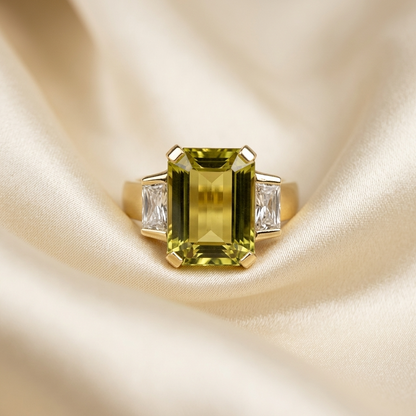 Golden beryl and trapezoid cut diamond ring — handcrafted in Sydney
