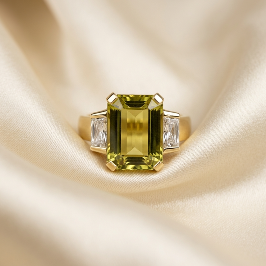 Golden beryl and trapezoid cut diamond ring — handcrafted in Sydney