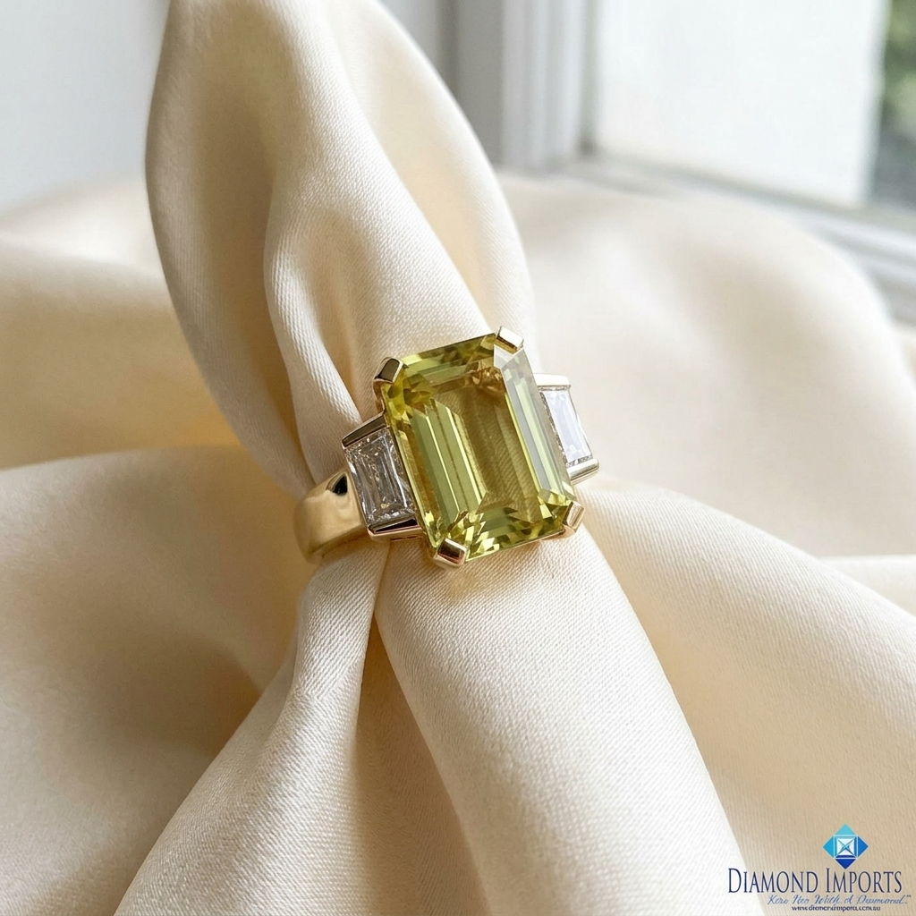 Golden beryl and trapezoid cut diamond ring - angled view