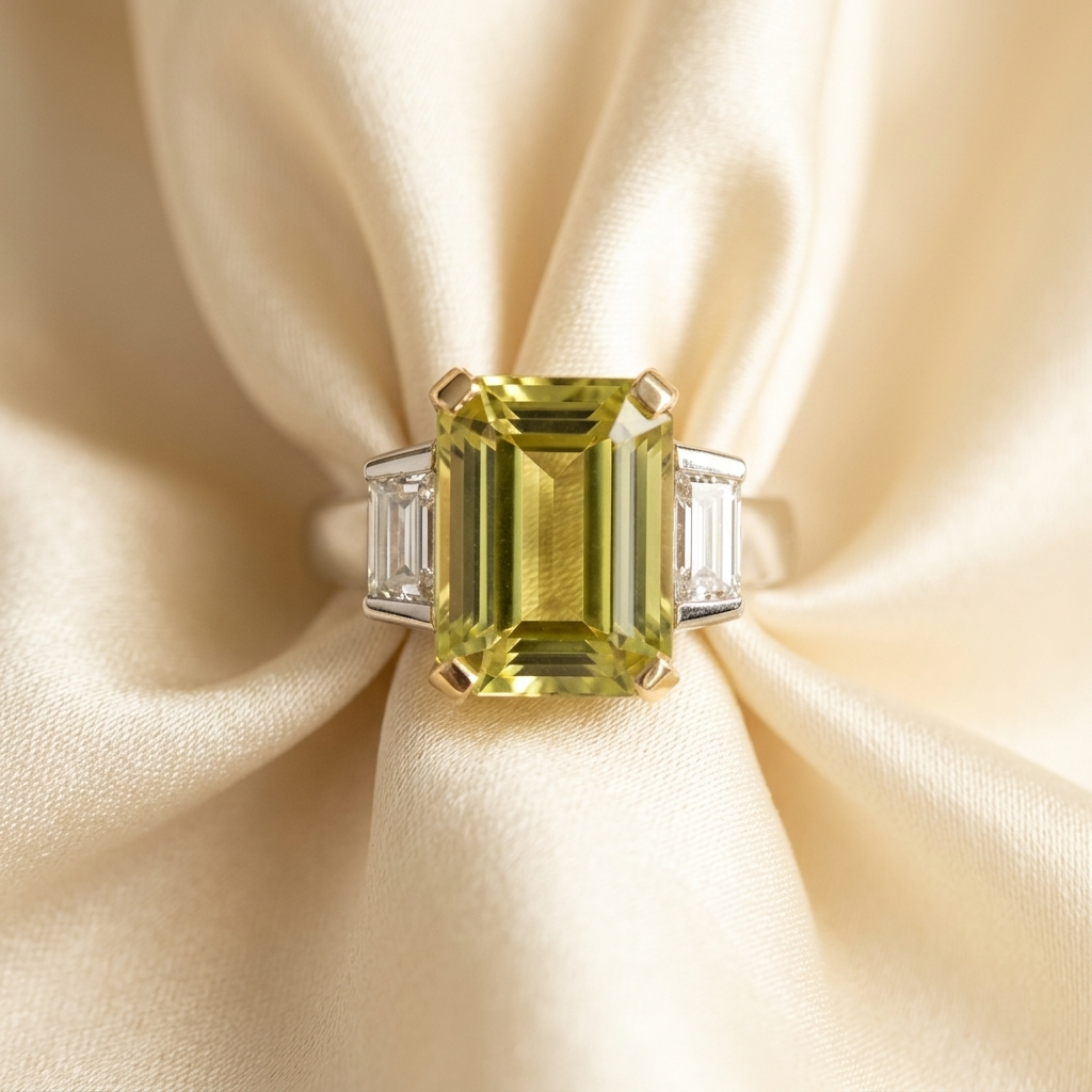 Golden beryl and trapezoid cut diamond ring - detail view
